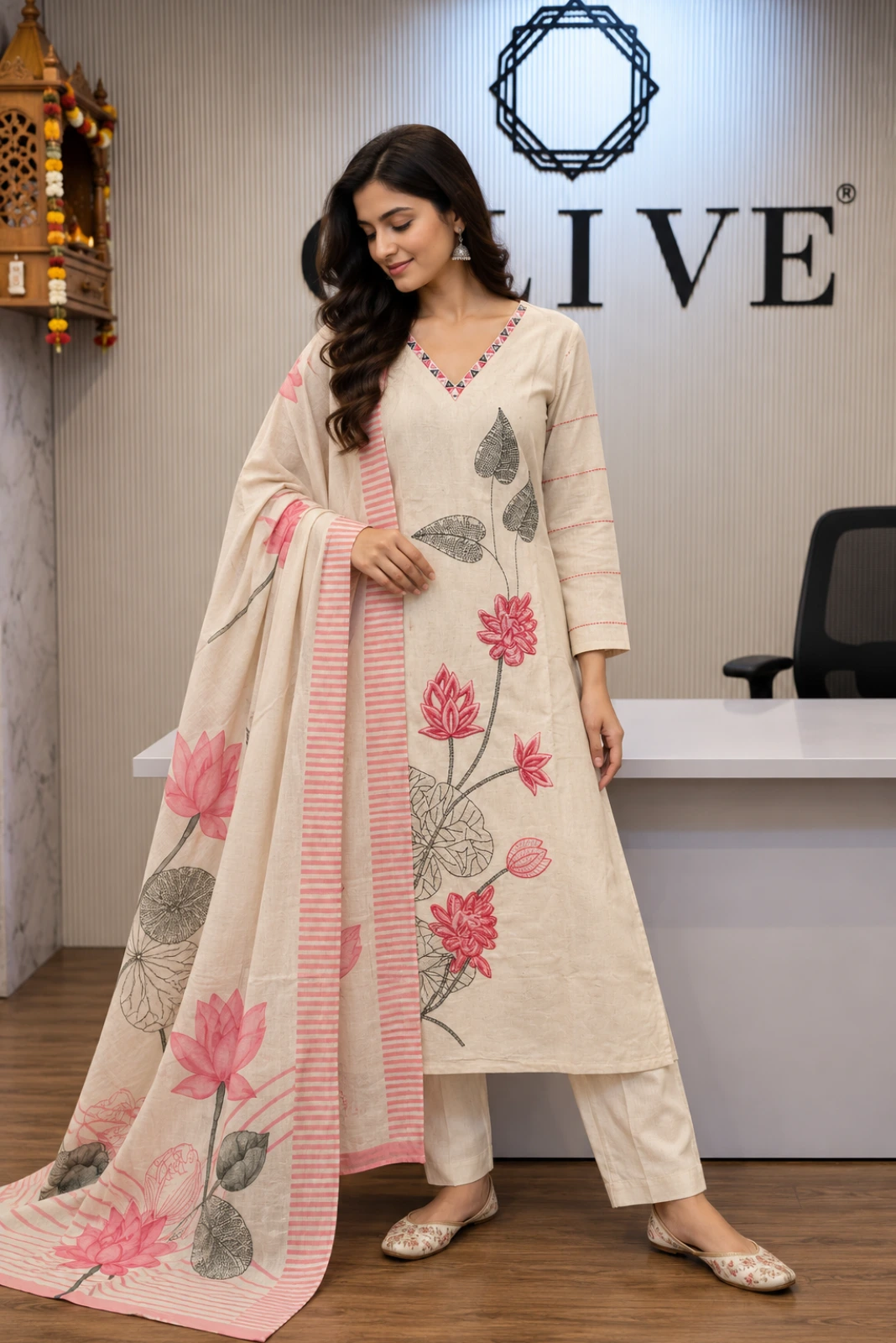 Off White Thread Worked Straight Kurti Pant Set with Dupatta1