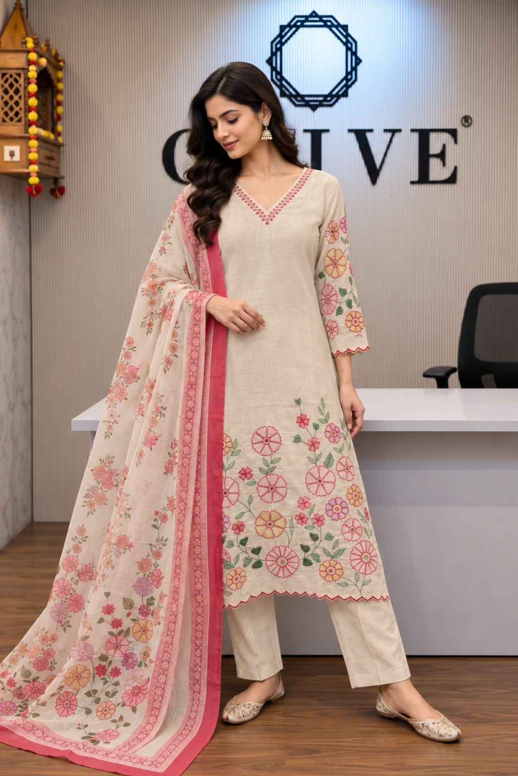 Off White Thread Worked Straight Kurti Pant Set with Dupatta3