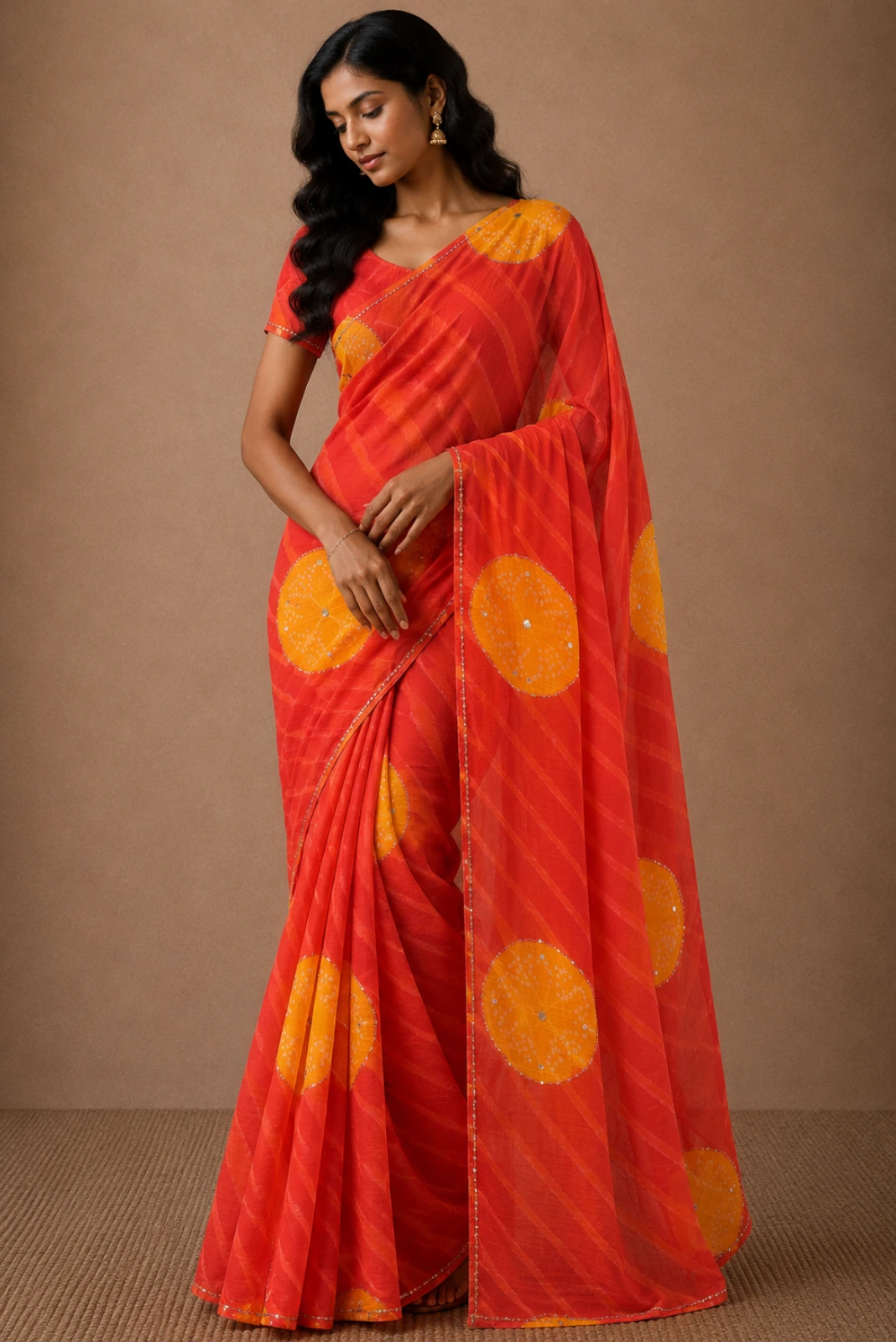 Orange Chiffon Bandhani Print Sequin Saree with Hand Embroidery1