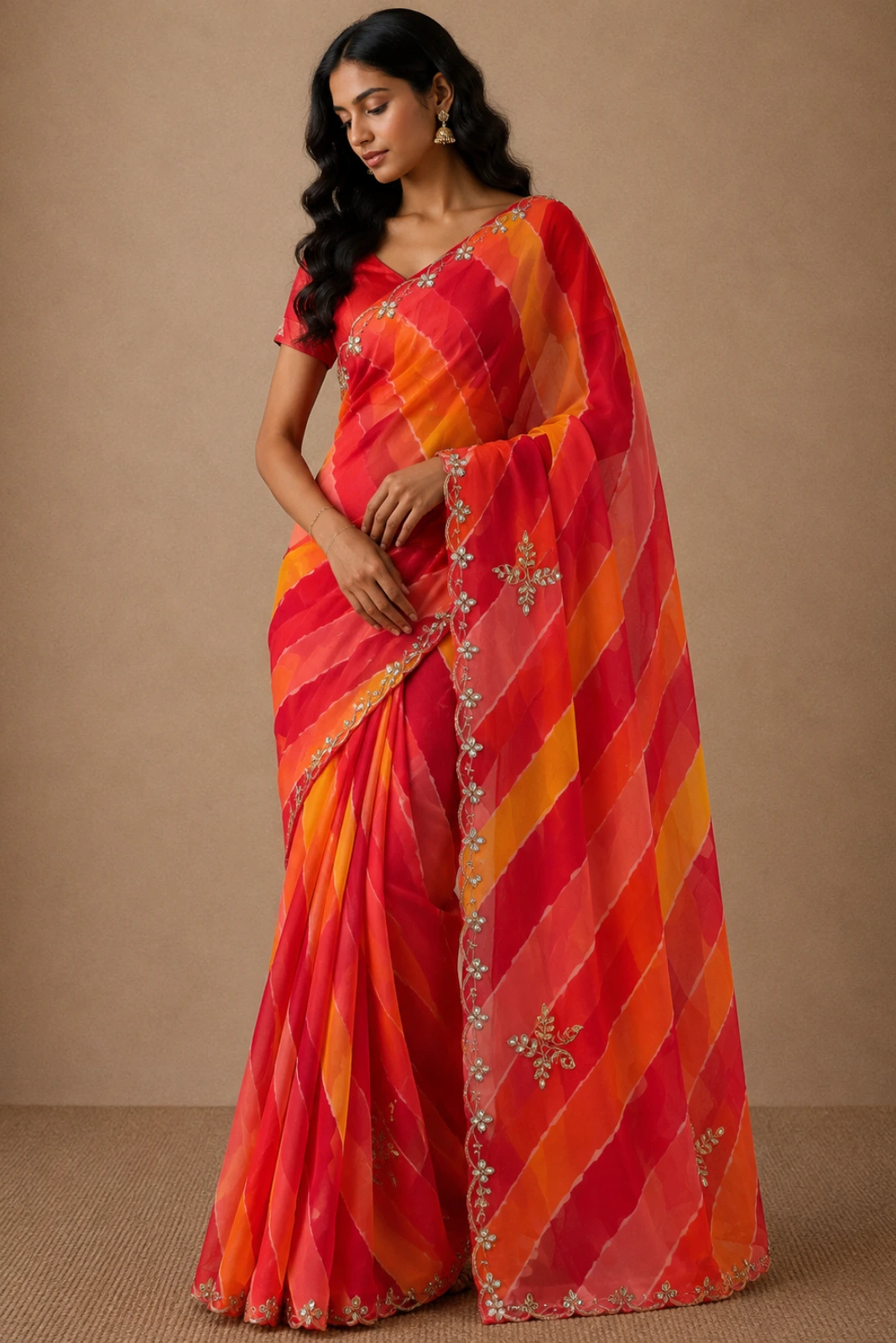 Orange Georgette Leheriya Saree with Hand Embroidery1