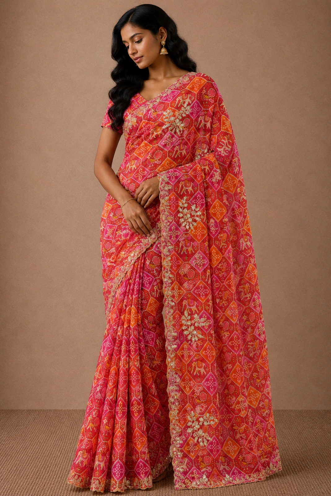 Pink and Orange Chiffon Leheriya Saree with Hand Embroidery1