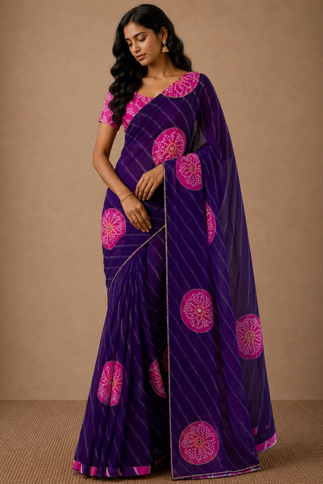 Purple Chiffon Bandhani Print Sequin Saree with Hand Embroidery1