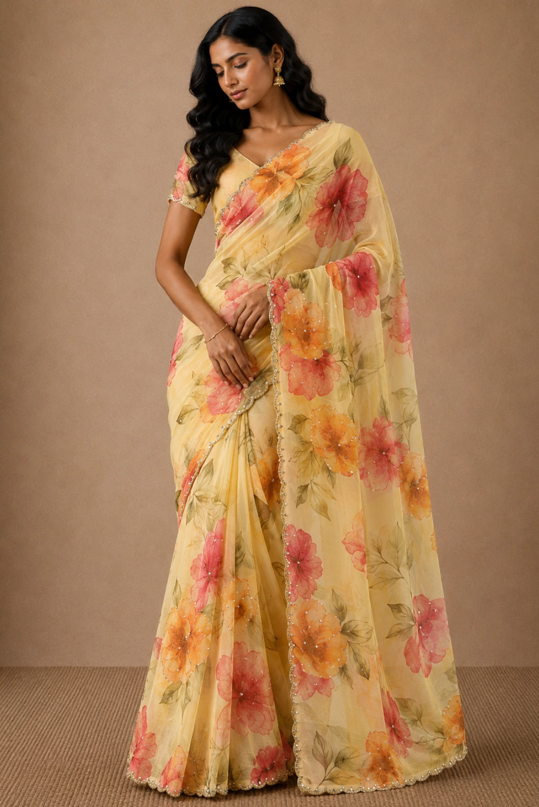 Yellow Chiffon Floral Printed Sequin Saree with Hand Embroidery1