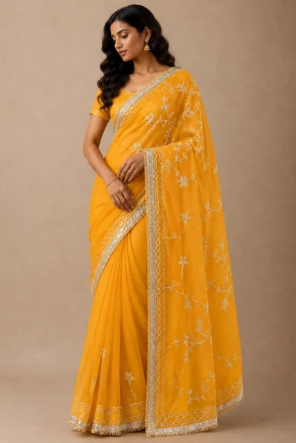 Yellow Georgette Gota Patti Embroidered Saree