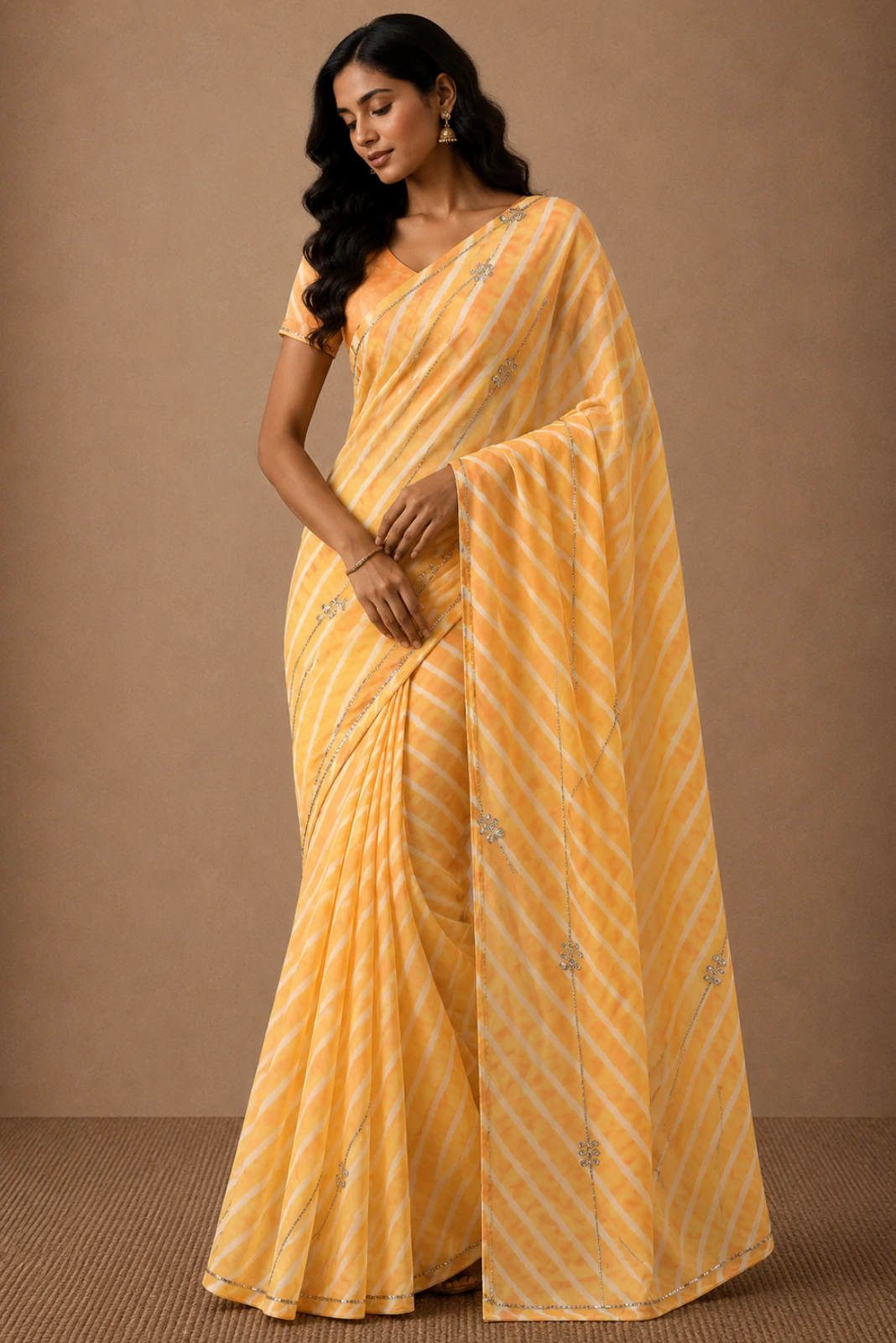 Yellow Georgette Leheriya Saree with Hand Embroidery1