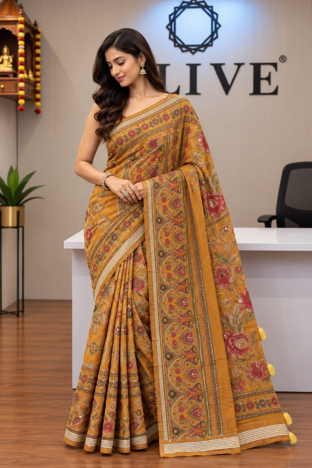 Yellow Mul Chanderi Hand-Painted Embroidered Saree1