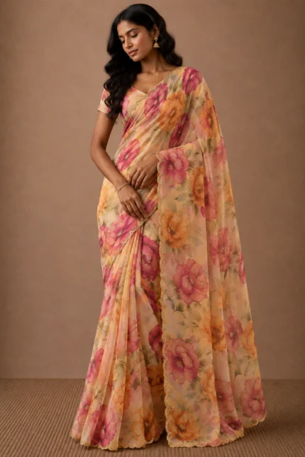 Yellow and Pink Chiffon Leheriya Sequin Saree with Hand Embroidery