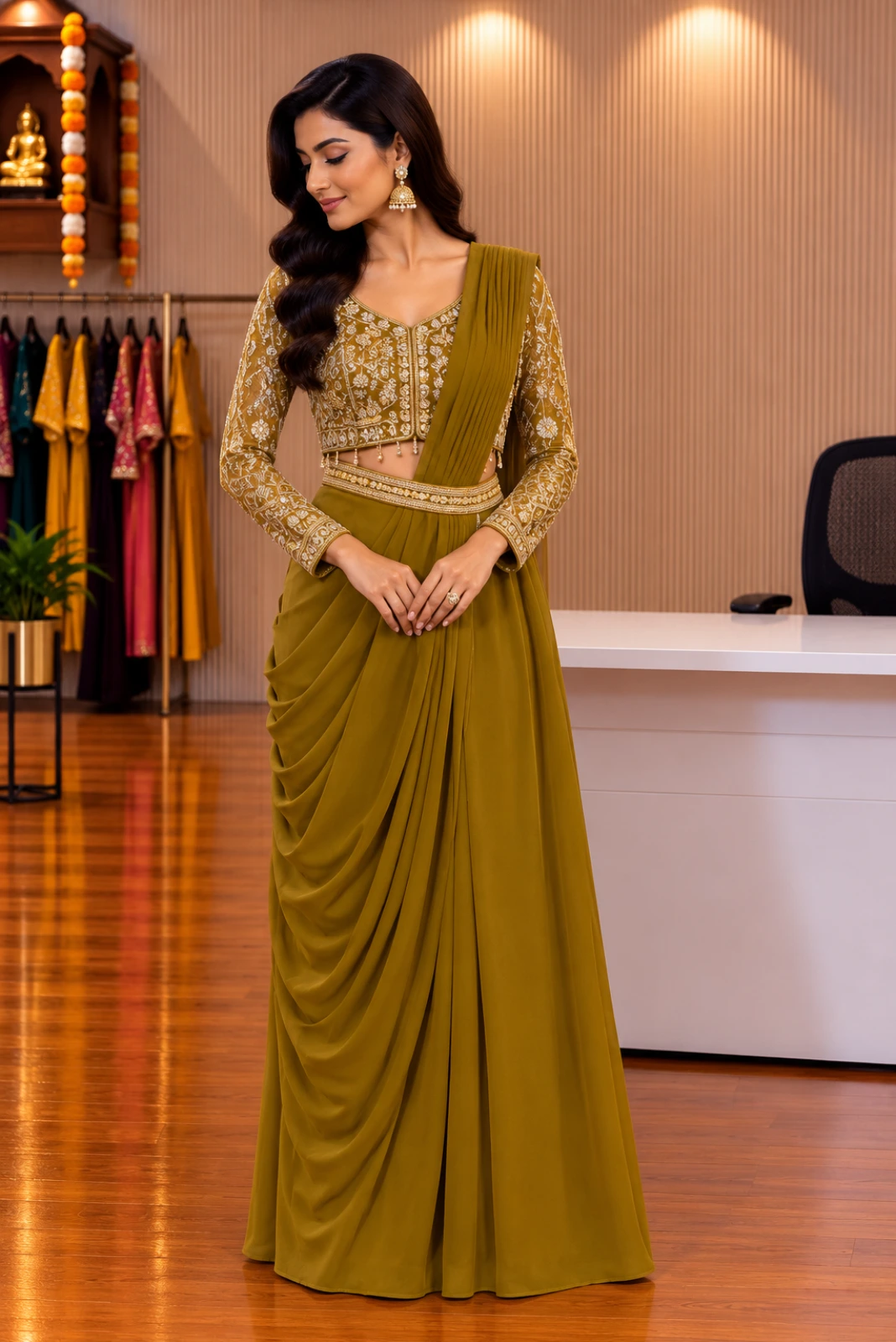 Golden Brown Draping Saree with Embroidered Net Top & Georgette Skirt1