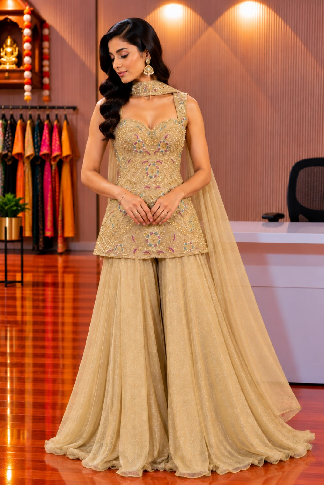Golden Hand-Embroidered Tissue Short Peplum Palazzo Set with Butterfly Dupatta1