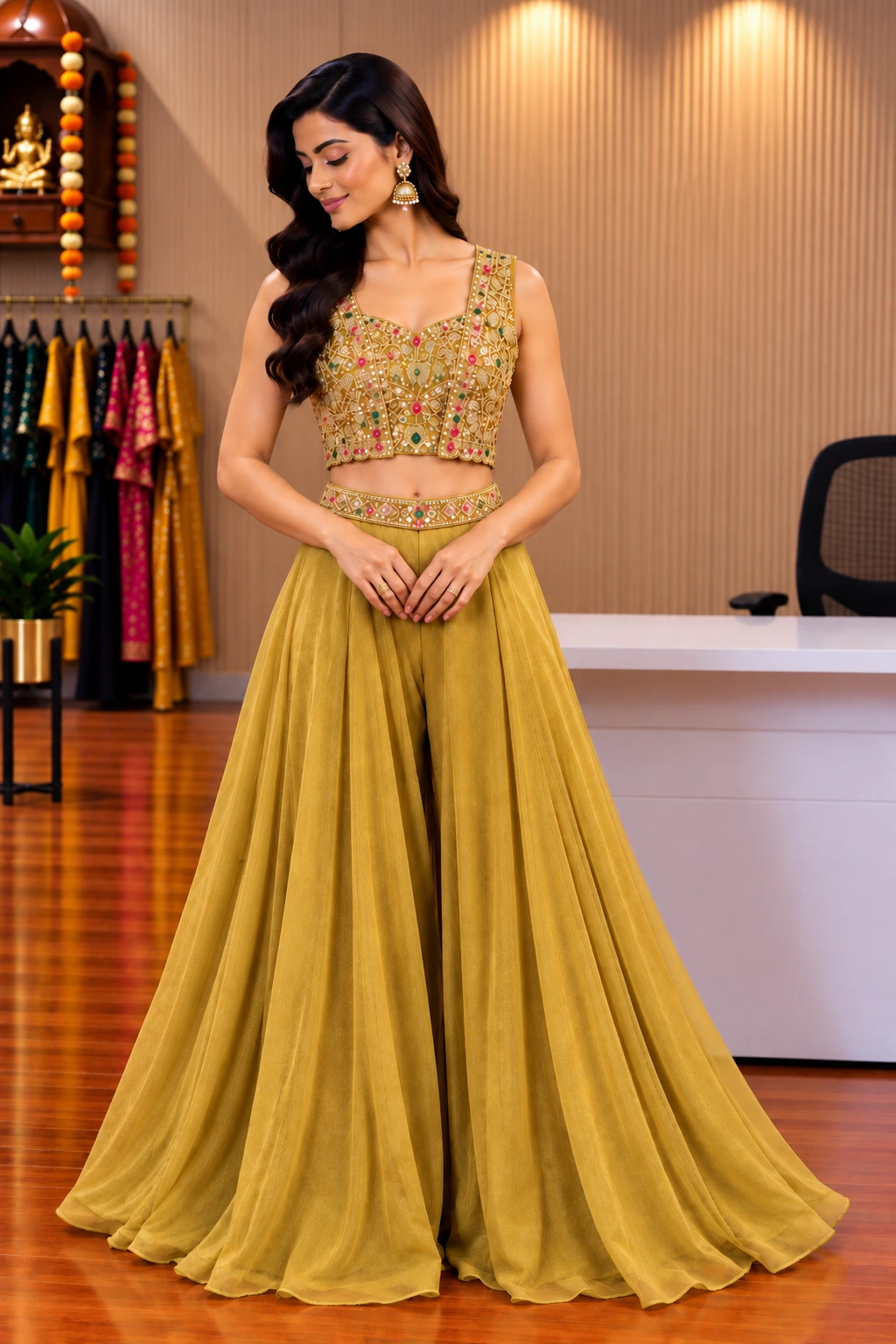 Golden Mustard Hand-Embroidered Top, Palazzo & Jacket Set