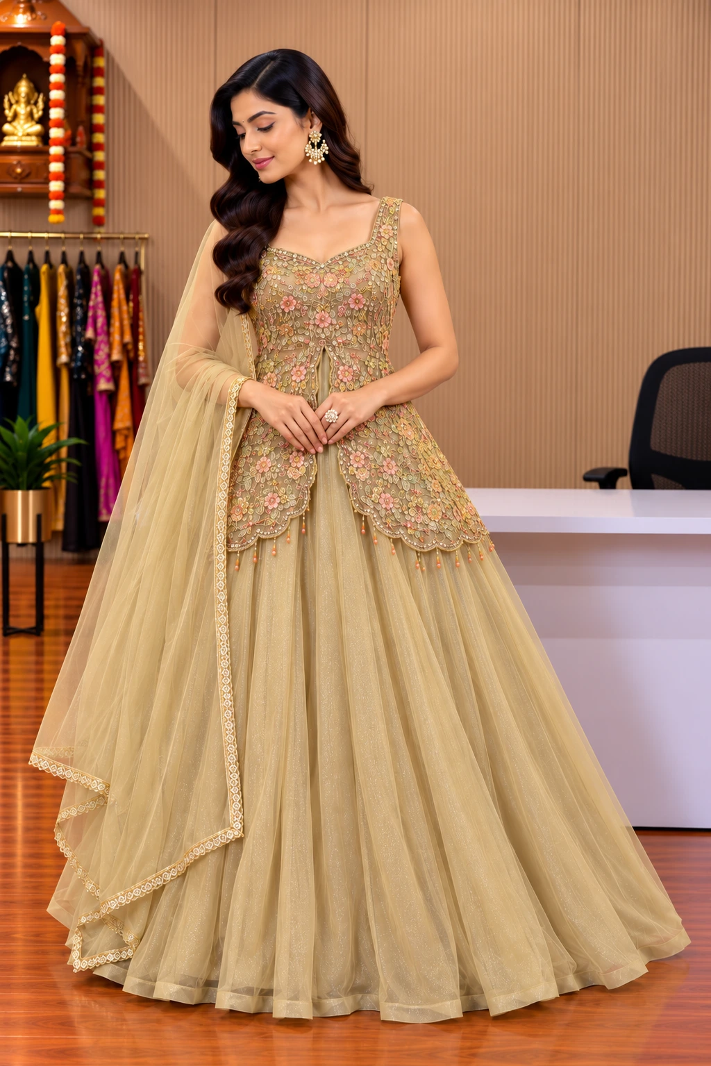 Golden Mustard Jimmy Choo Gown with Dupatta & Jacket