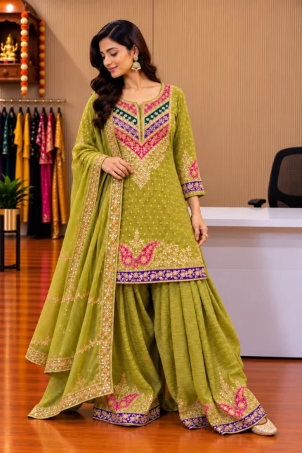 Green Embroidered Tissue Kurti with Farshi Salwar & Dupatta