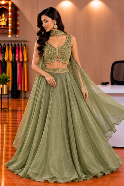 Green Hand-Embroidered Tissue Skirt Set with Butterfly Dupatta