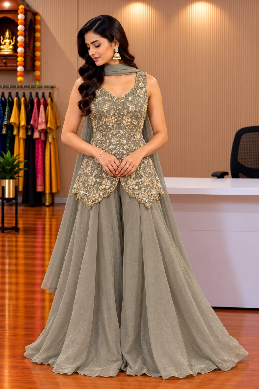 Grey Hand-Embroidered Jimmy Choo Short Peplum Palazzo Set with Butterfly Dupatta1