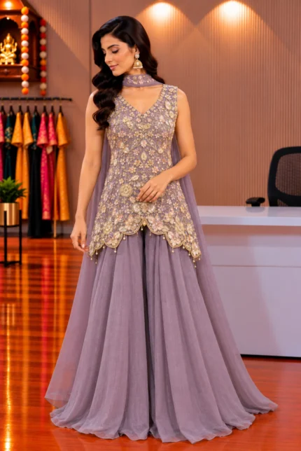Lavender Hand-Embroidered Jimmy Choo Short Peplum Palazzo Set with Butterfly Dupatta