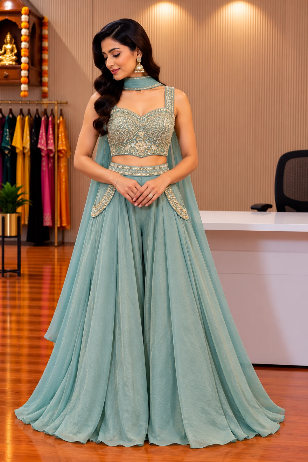 Light Blue Hand-Embroidered Tissue Palazzo Set with Butterfly Dupatta2