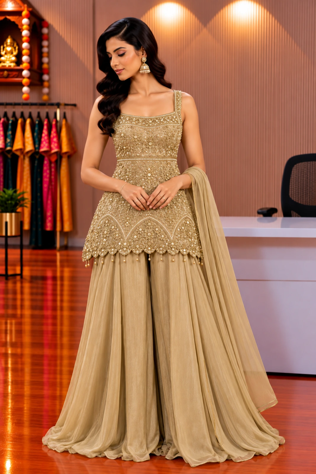 Light Golden Hand-Embroidered Chinon Short Peplum Palazzo Set with Dupatta1