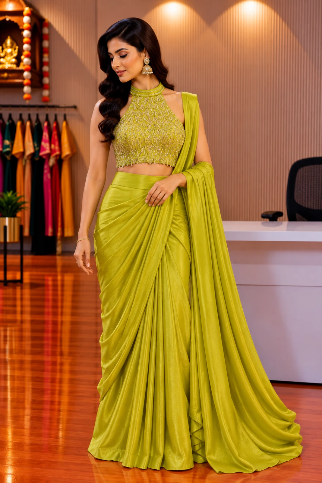 Light Green Draping Saree with Hand-Embroidered Halter Neck Chinon Top & Skirt1