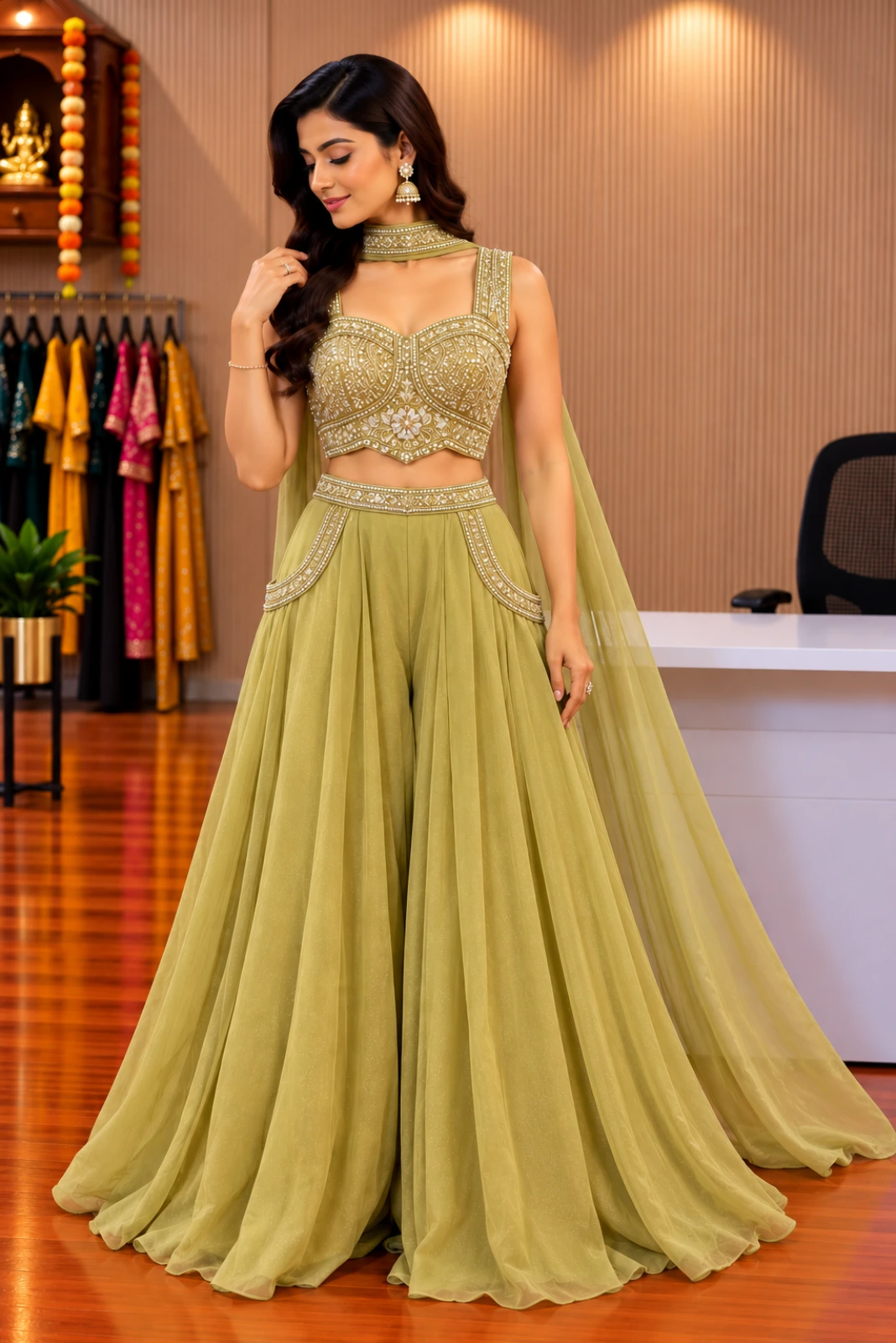 Light Green Hand-Embroidered Tissue Palazzo Set with Butterfly Dupatta1