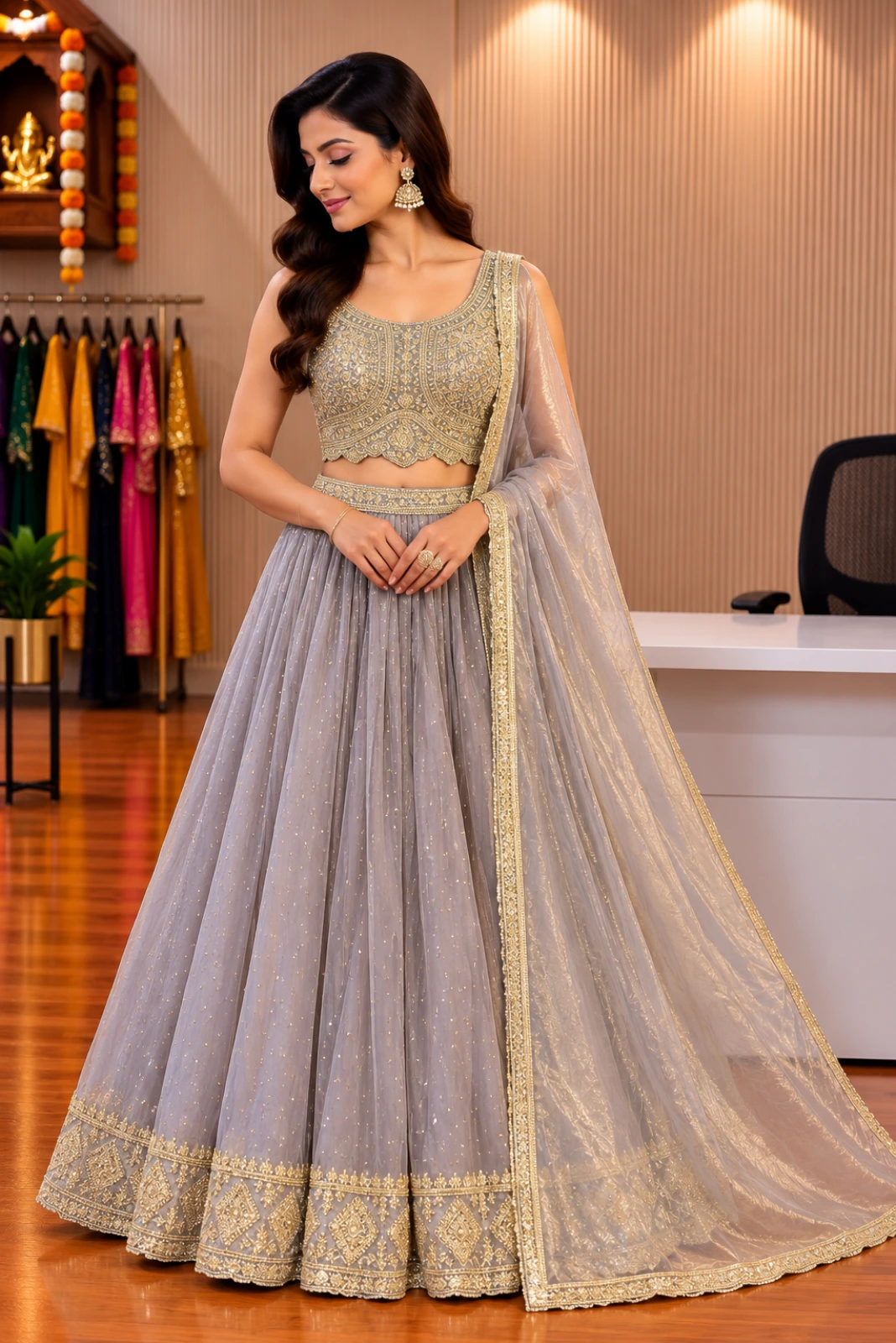 Light Lavender Hand-Embroidered Jimmy Choo Skirt Set with Top & Dupatta1