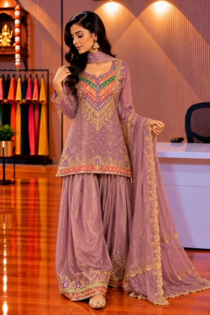 Light Purple Hand-Embroidered Tissue Kurti with Farshi Salwar & Dupatta