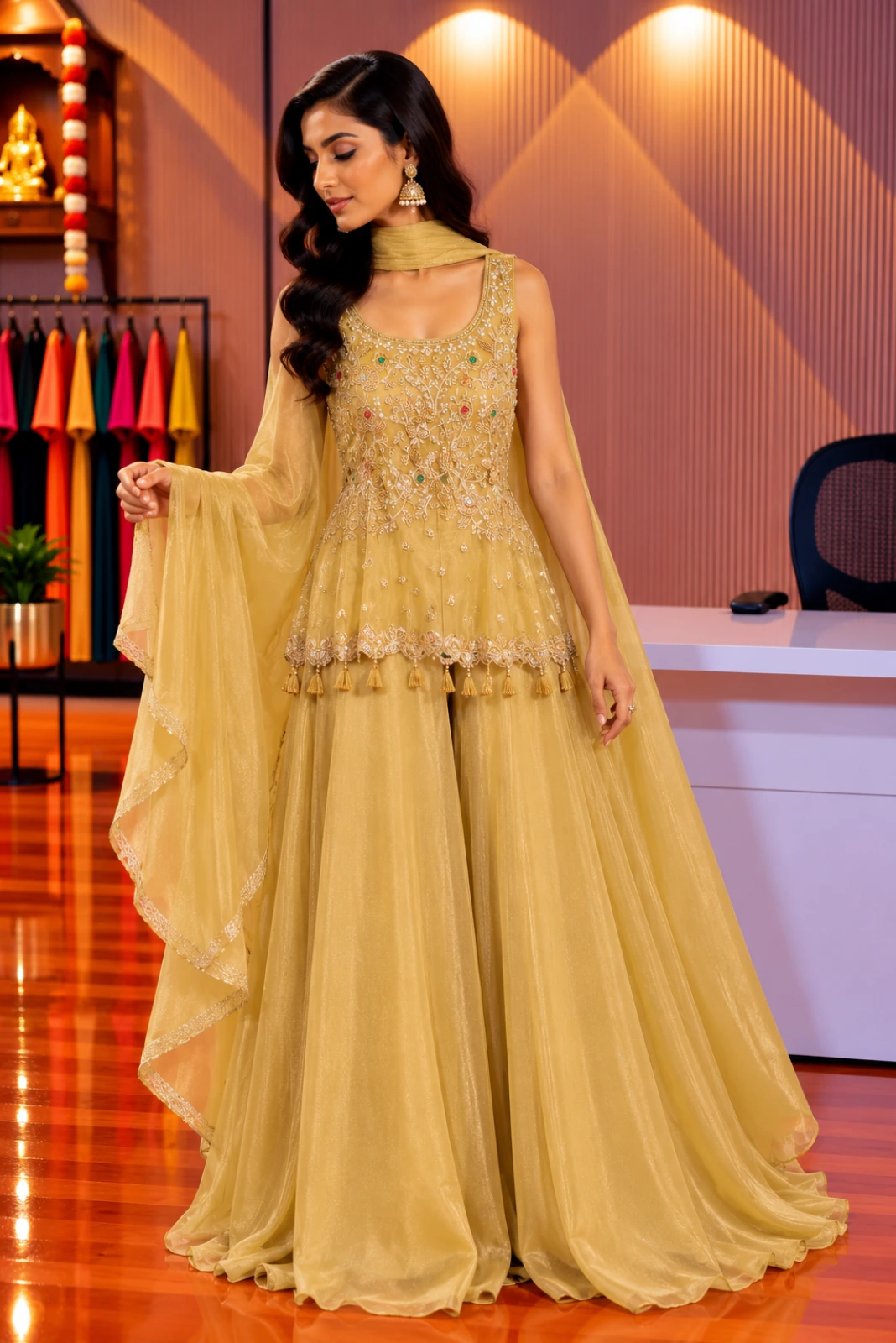 Light Yellow Hand-Embroidered Tissue Organza Short Peplum Palazzo Set with Butterfly Dupatta1