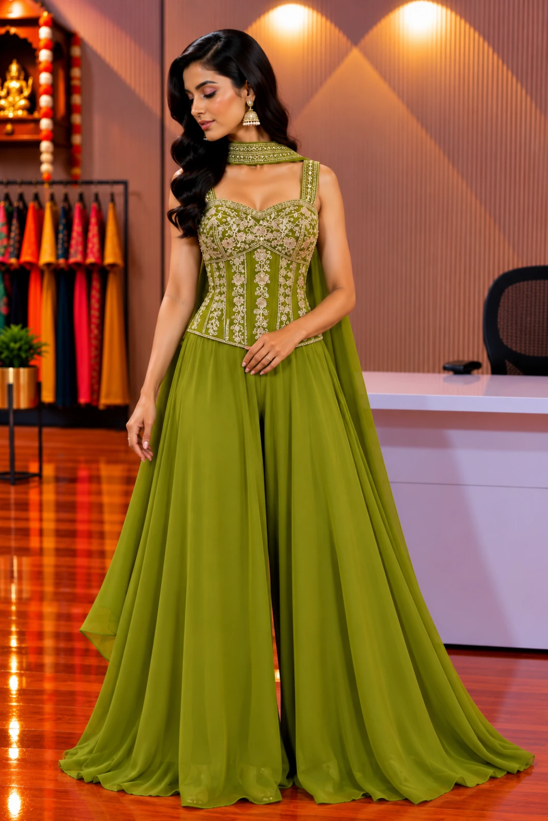 Mehndi Green Hand-Embroidered Co-Ord Palazzo Set with Butterfly Dupatta1