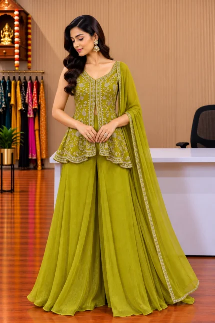 Mehndi Green Hand-Embroidered Front-Cut Short Peplum Palazzo Set with Dupatta