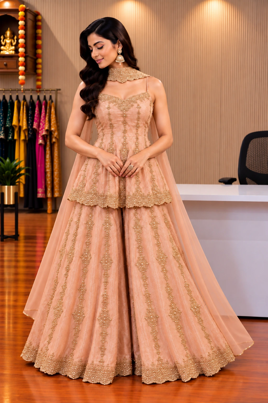 Peach Hand-Embroidered Chinon Peplum Palazzo Set with Butterfly Dupatta