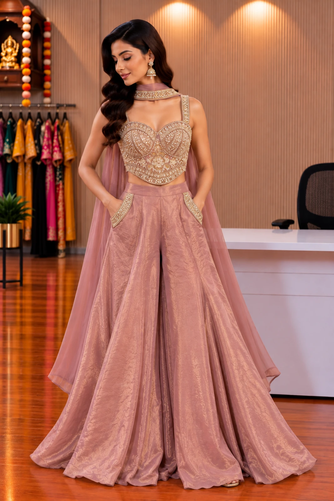 Pink Hand-Embroidered Tissue Palazzo Set with Butterfly Dupatta1
