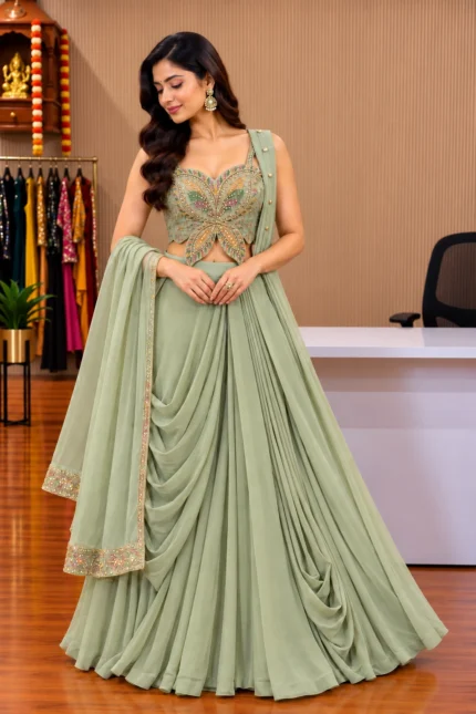 Pista Green Draping Saree with Butterfly Design Embroidered Top, Skirt & Waist Belt
