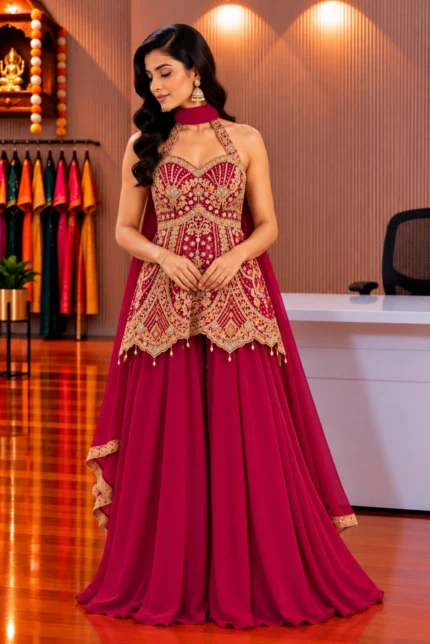 Red Hand-Embroidered Halter Neck Short Peplum Palazzo Set with Dupatta