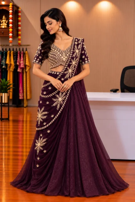 Wine Draping Saree with Hand-Embroidered Jimmy Choo Top & Skirt